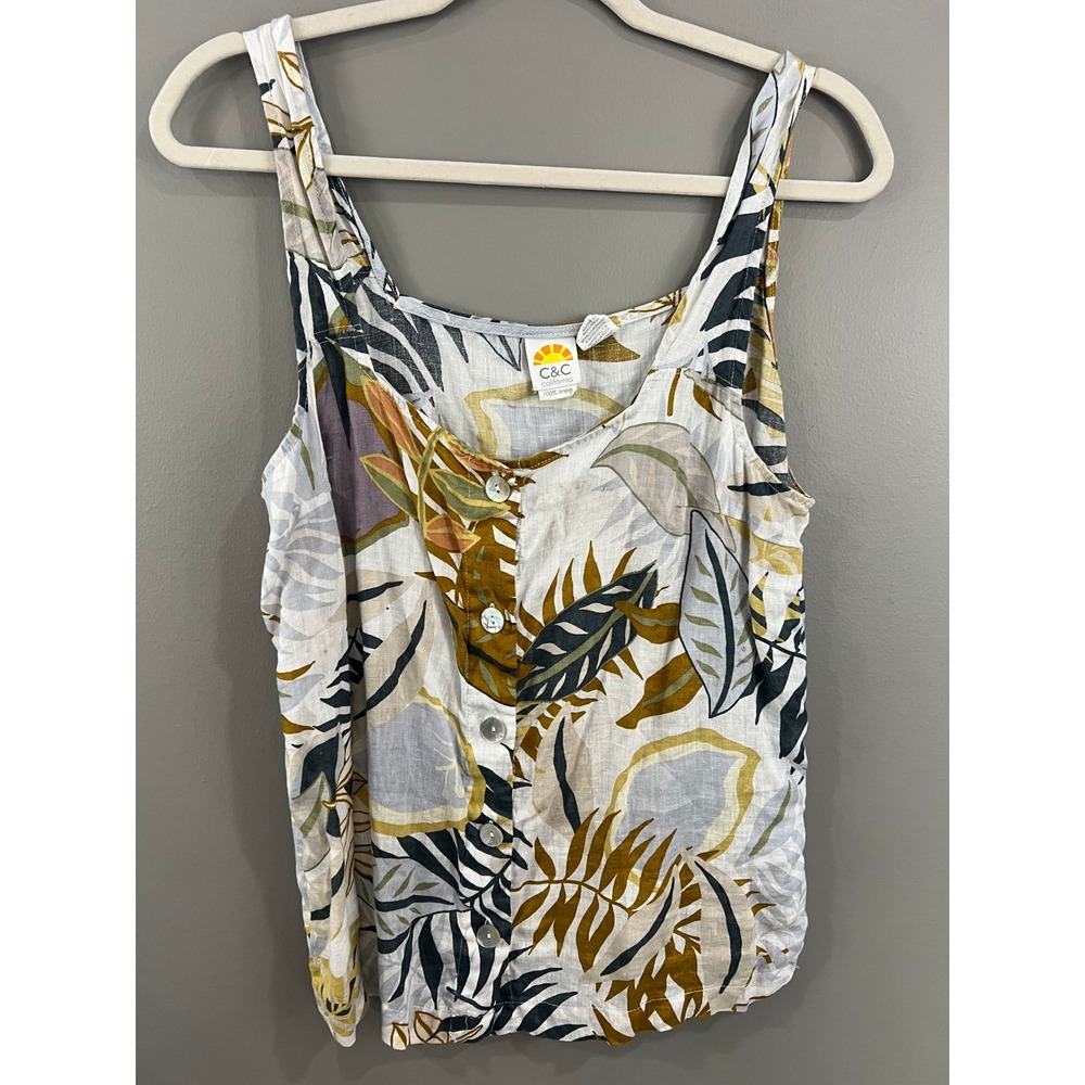C&C California Tank Top Womens Large Multi Color Great Linen Tropical Leaf Print